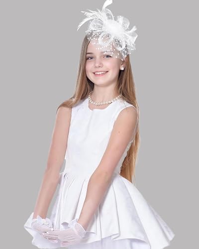 Girls Tea Party Fascinators Hats with Lace Gloves and Pearls