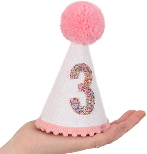 Pink Glitter Birthday Hat with Pom Toppers for Girls