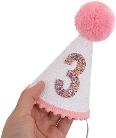 Pink Glitter Birthday Hat with Pom Toppers for Girls