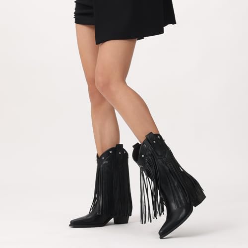 Fringe Cowboy Boots for Women - Star Studded Mid Calf Boots