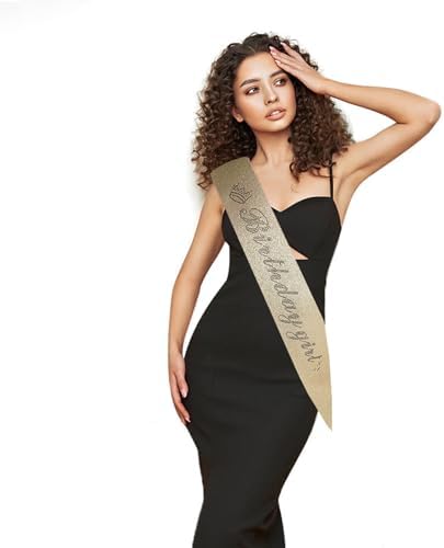 Birthday Girl Sash for Women with Gold Glitter and Black Rhinestone