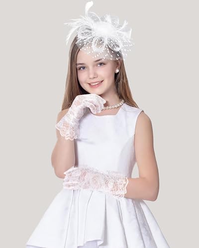 Girls Tea Party Fascinators Hats with Lace Gloves and Pearls