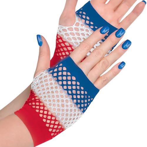 Red White Blue Fishnet Fingerless Gloves One Size Patriotic Accessory