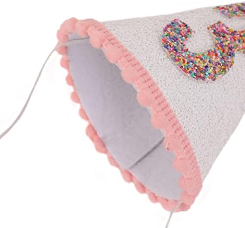 Pink Glitter Birthday Hat with Pom Toppers for Girls