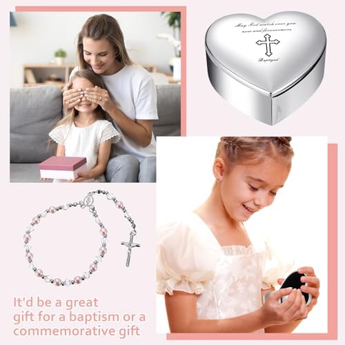 Quelay 2 Pcs Heart Jewelry Box and Baby Rosary Set