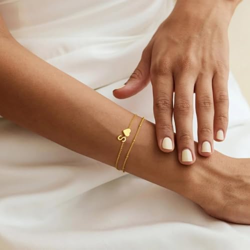 M MOOHAM Heart Gold Initial Bracelet for Women