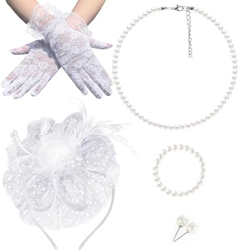 Girls Tea Party Fascinators Hats with Lace Gloves and Pearls