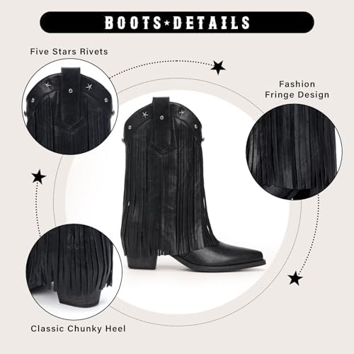 Fringe Cowboy Boots for Women - Star Studded Mid Calf Boots