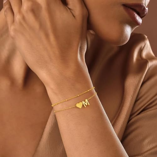 M MOOHAM Heart Gold Initial Bracelet for Women