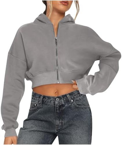 Womens Solid Cropped Hoodie Sweatshirt 2024 Fall Winter Warm Zip Up