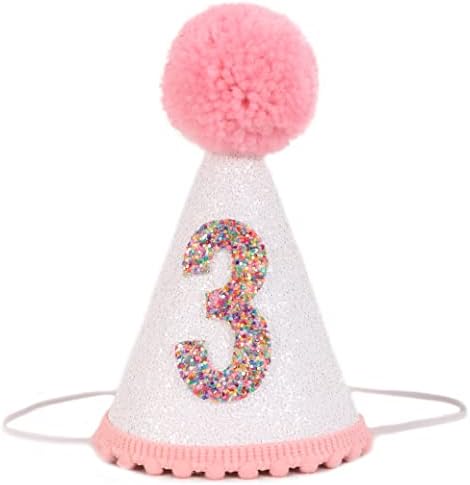 Pink Glitter Birthday Hat with Pom Toppers for Girls