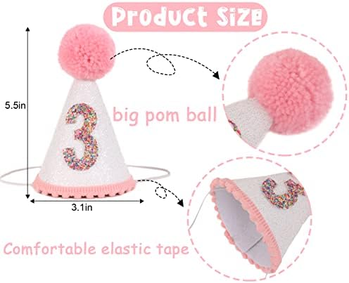 Pink Glitter Birthday Hat with Pom Toppers for Girls