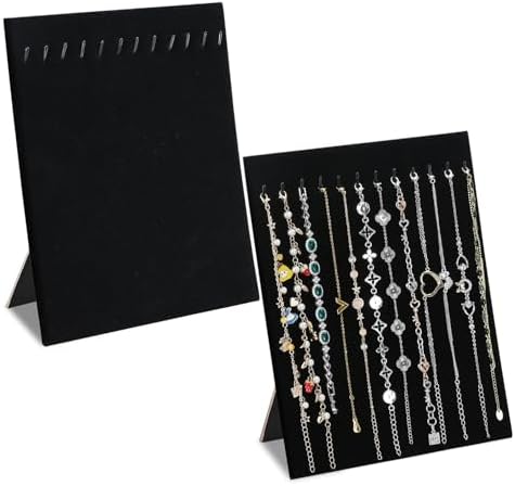 MOOCA 12-Hook Bracelet Display with Easel Stand 2 Pcs Set Black Velvet