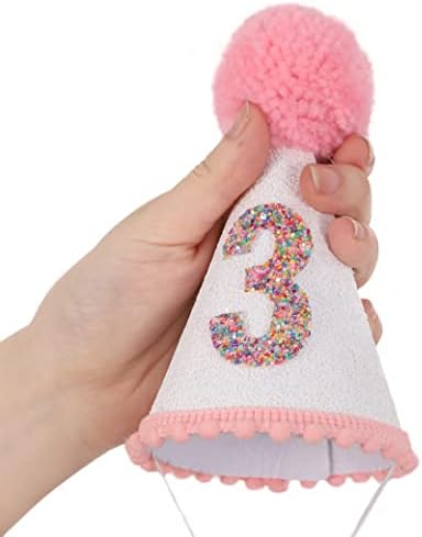 Pink Glitter Birthday Hat with Pom Toppers for Girls