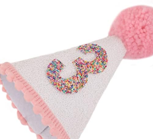 Pink Glitter Birthday Hat with Pom Toppers for Girls