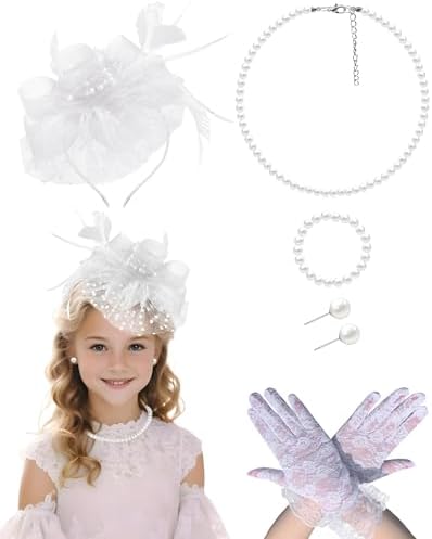 Girls Tea Party Fascinators Hats with Lace Gloves and Pearls