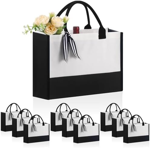 OKBA 10PCS Classic Canvas Tote Bag Black and White with Zipper Pocket