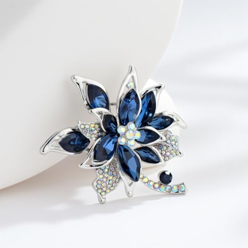Blue Flower Brooch Pin for Women with Crystals and Rhinestones