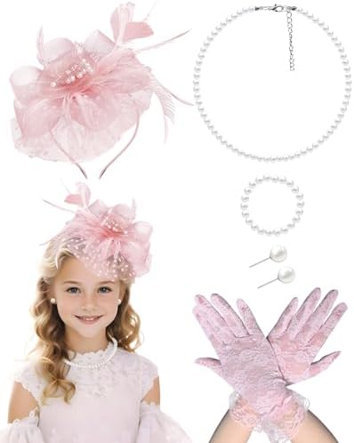 Blush Pink Tea Party Fascinator Hat Gloves Set