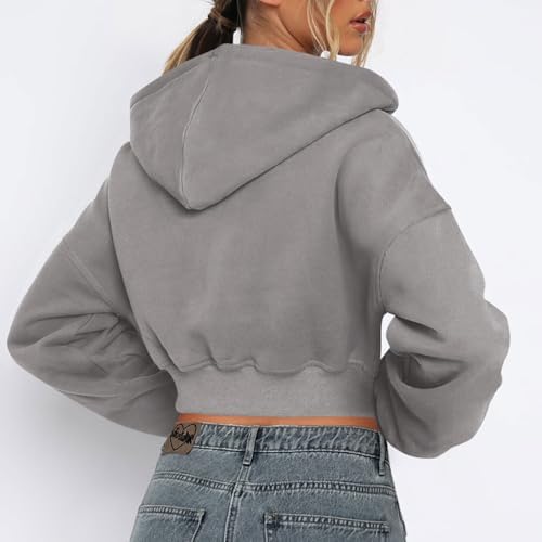 Womens Solid Cropped Hoodie Sweatshirt 2024 Fall Winter Warm Zip Up