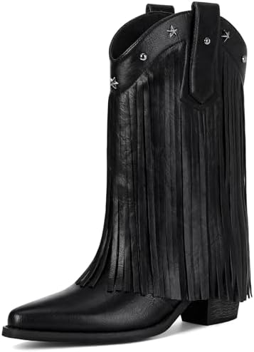 Fringe Cowboy Boots for Women - Star Studded Mid Calf Boots