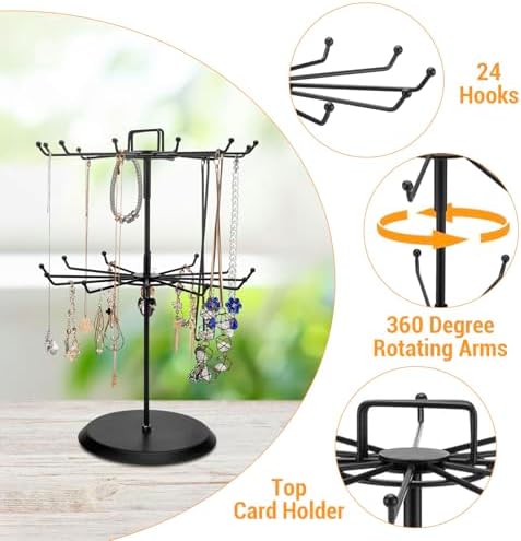 MyGift 2 Tier Rotating Jewelry Stand with 24 Hooks