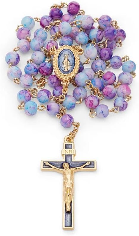 Vatican Inspired Rosary Necklace with Gold Plated Brass Chain and Variegated Glass Beads