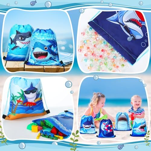 Marsui 24 Pcs Shark Drawstring Bags for Kids Summer Party