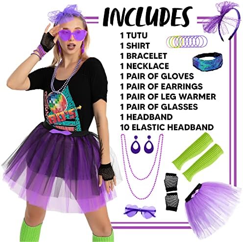 Purple 80s Costume Set with Tutu Headband and Accessories