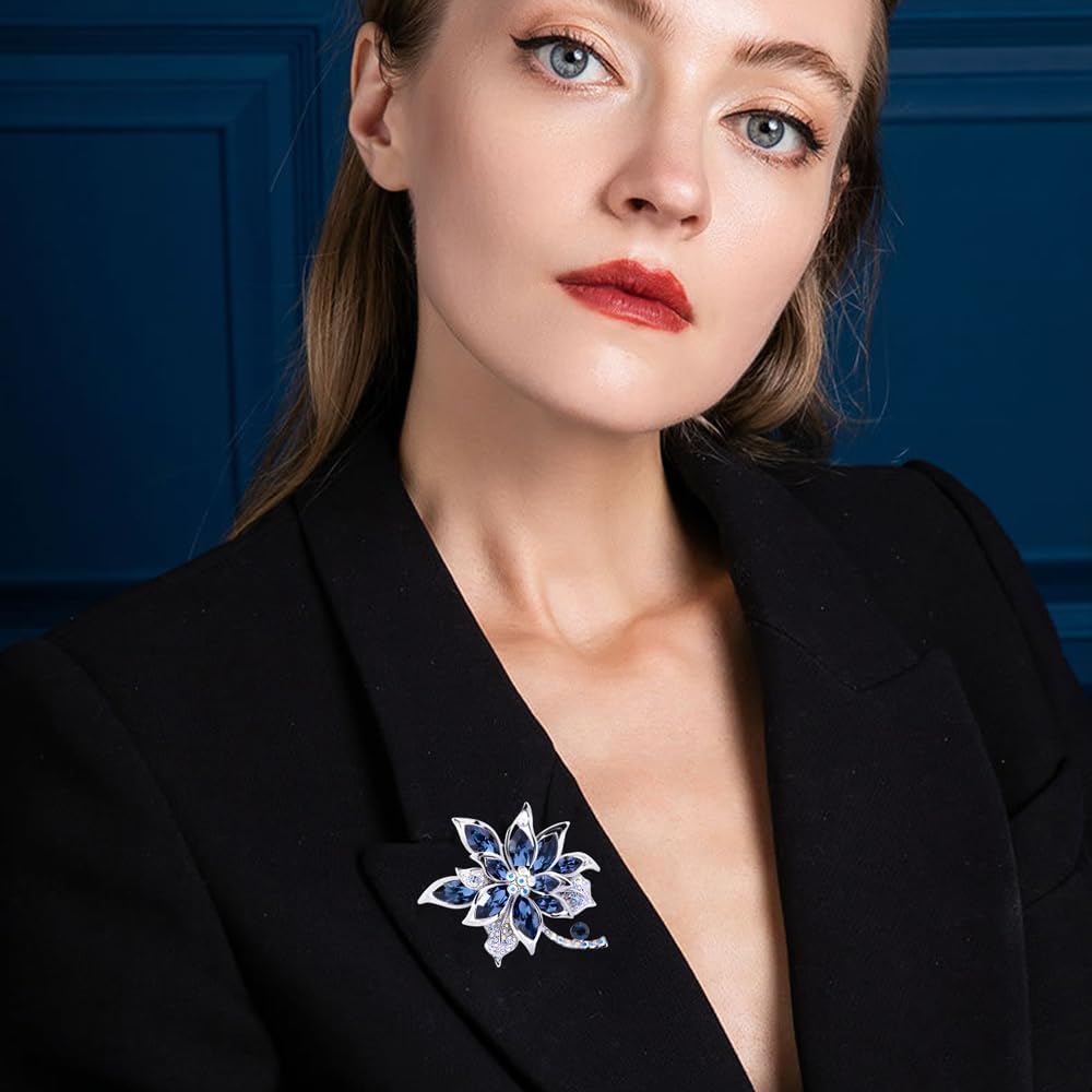 Blue Flower Brooch Pin for Women with Crystals and Rhinestones