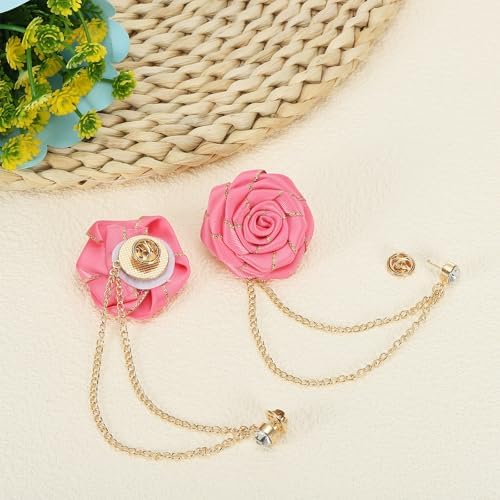 MECCANIXITY Fabric Rose Brooch Lapel Pin with Tassel Chain