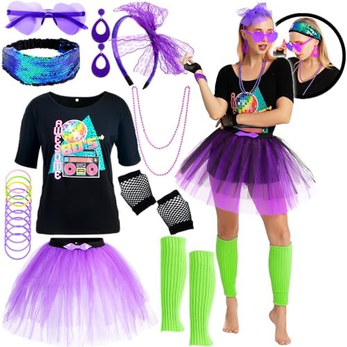 Purple 80s Costume Set with Tutu Headband and Accessories
