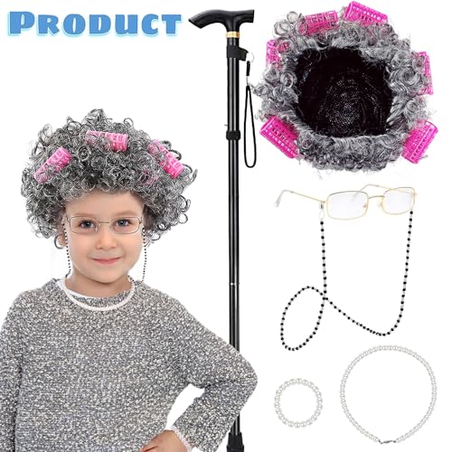 Old Lady Grandma Wig Costume Set for Women and Girls