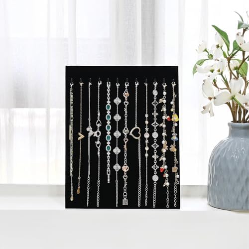 MOOCA 12-Hook Bracelet Display with Easel Stand 2 Pcs Set Black Velvet