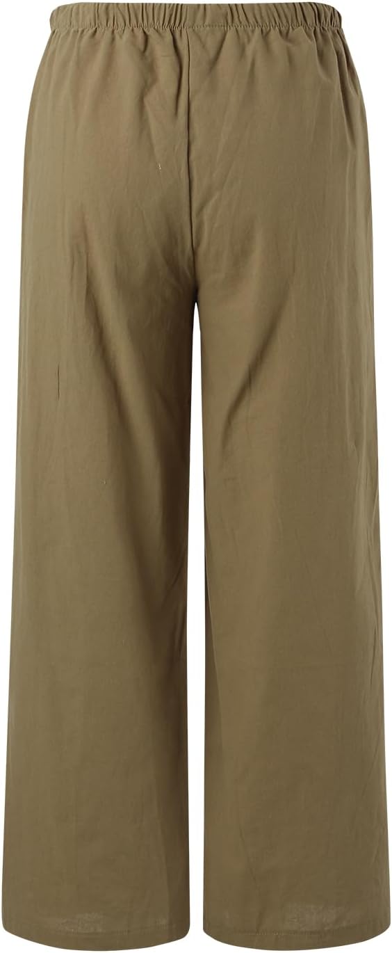Summer Pants for Women Linen Wide Leg Flowy Drawstring Palazzo