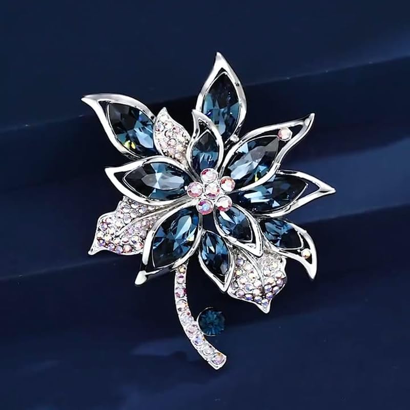 Blue Flower Brooch Pin for Women with Crystals and Rhinestones