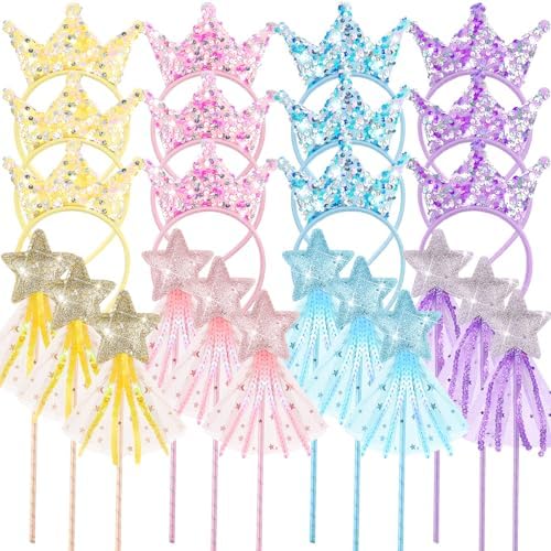 24 Pcs Princess Wands and Crown Headbands for Girls Birthday Party Gifts