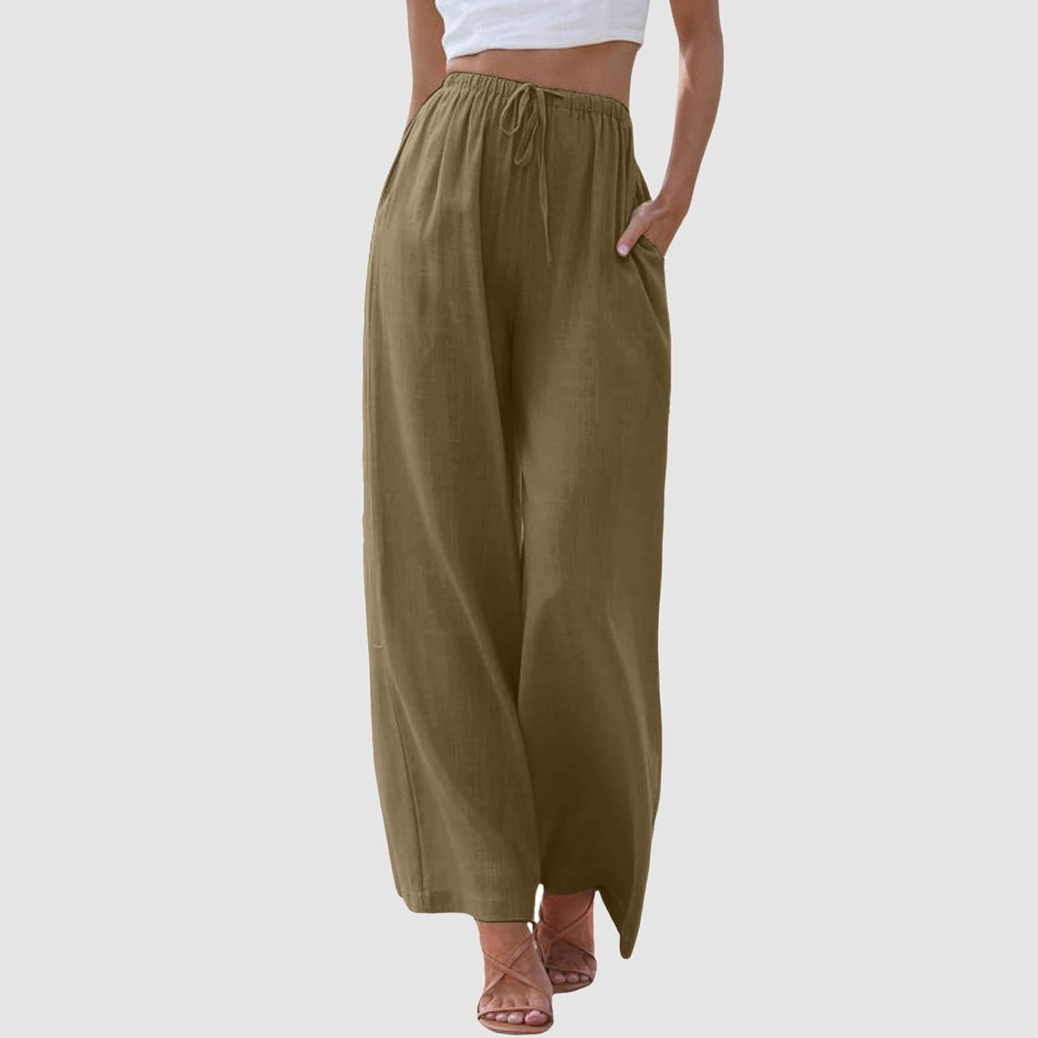 Summer Pants for Women Linen Wide Leg Flowy Drawstring Palazzo