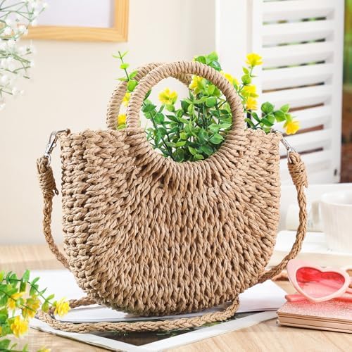 Oudain 12 Pcs Semi Wedding Straw Bags with Handles