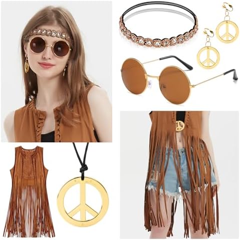 SunnyLisa Women Hippie Costume Set 60s 70s