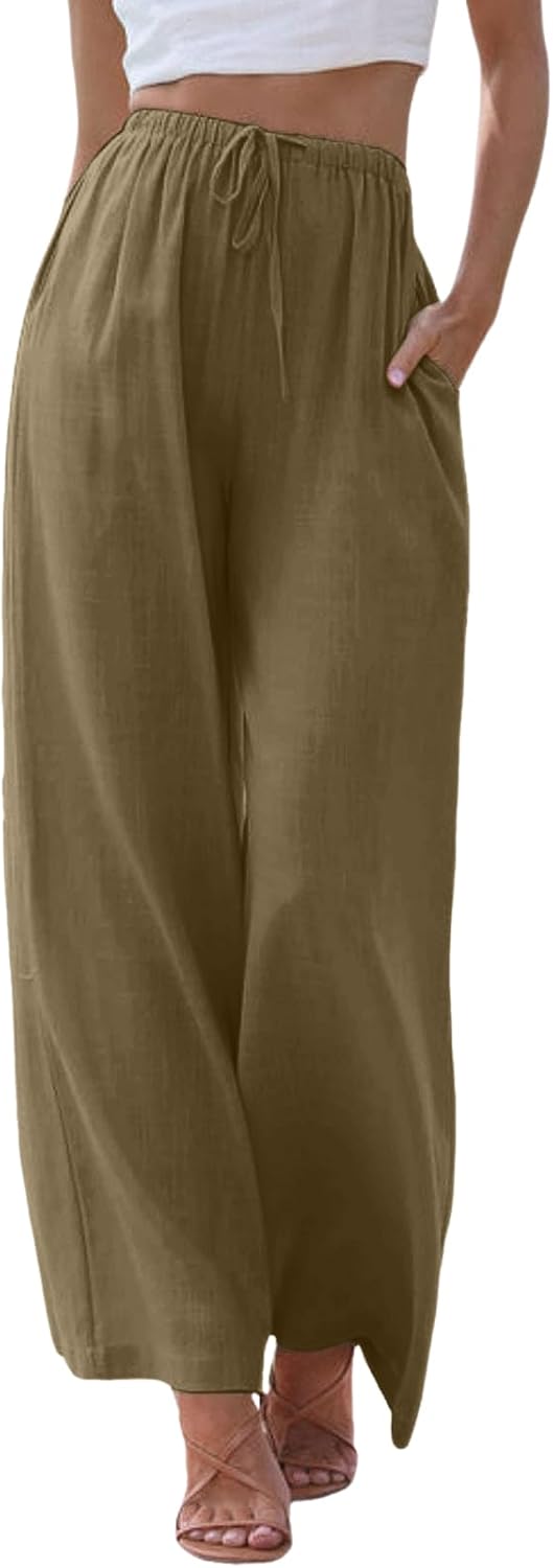 Summer Pants for Women Linen Wide Leg Flowy Drawstring Palazzo