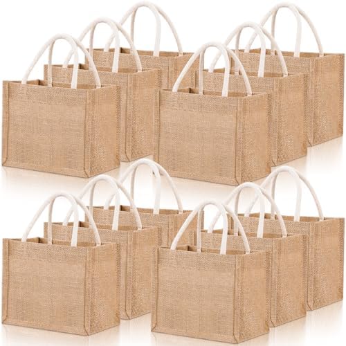 Cunno 12 Pcs Mini Jute Tote Bags Waterproof with Handles