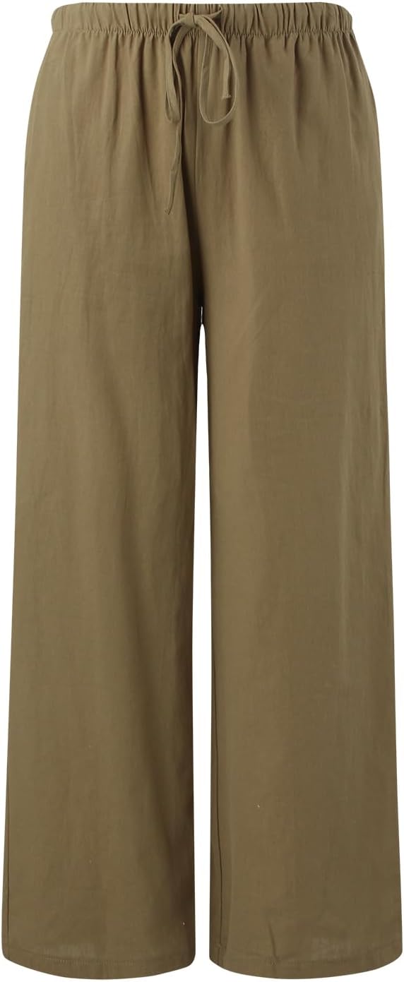 Summer Pants for Women Linen Wide Leg Flowy Drawstring Palazzo