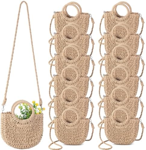 Oudain 12 Pcs Semi Wedding Straw Bags with Handles