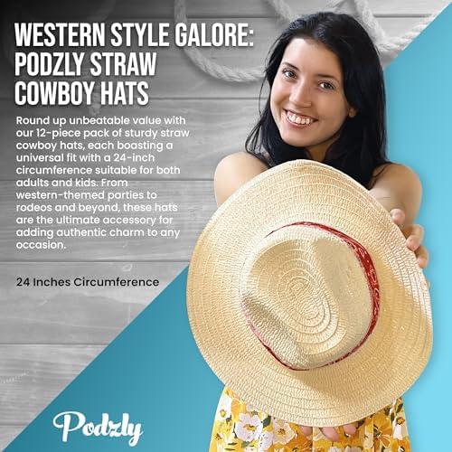 Podzly 12 Piece Straw Cowboy Hats - Stylish Western Hats for Men Women