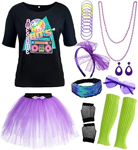 Purple 80s Costume Set with Tutu Headband and Accessories