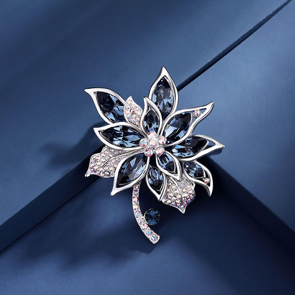 Blue Flower Brooch Pin for Women with Crystals and Rhinestones