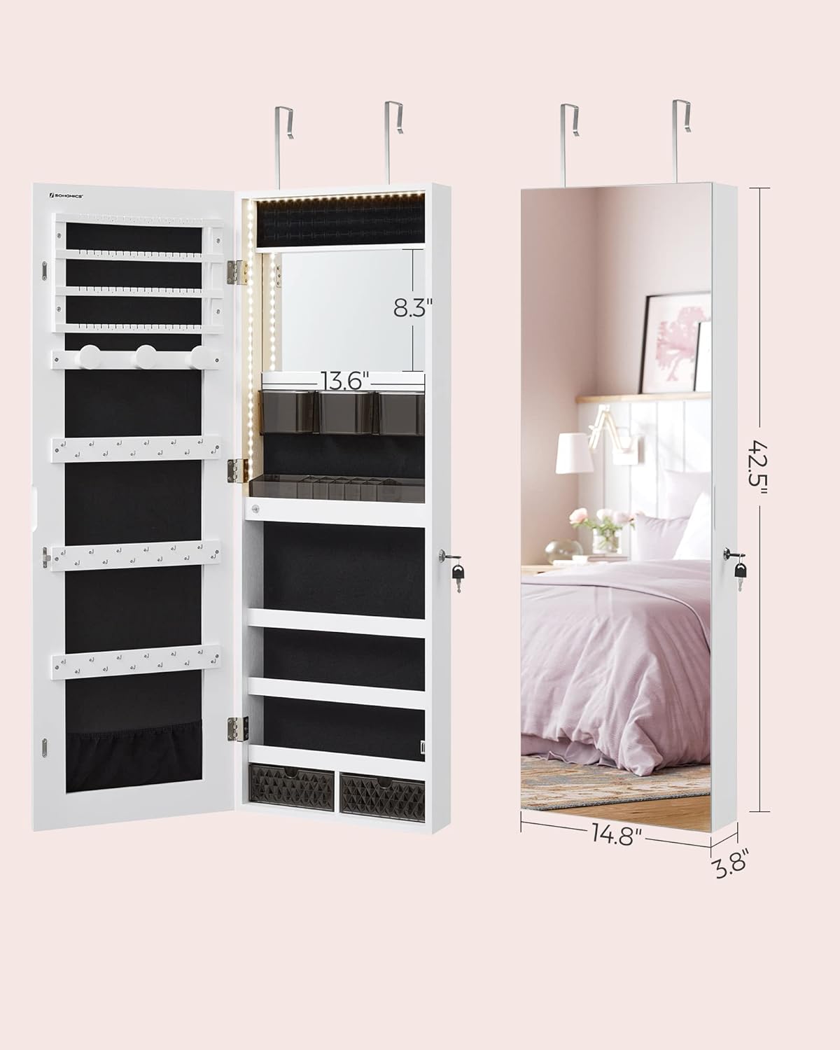 SONGMICS Jewelry Armoire with Lighted Mirror and 2 Drawers