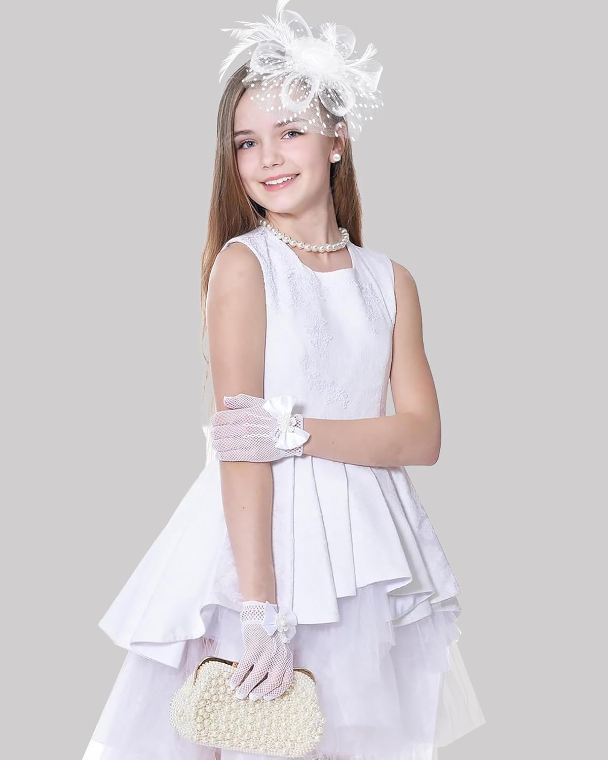 Girls Tea Party Fascinators Hats with Lace Gloves and Pearls