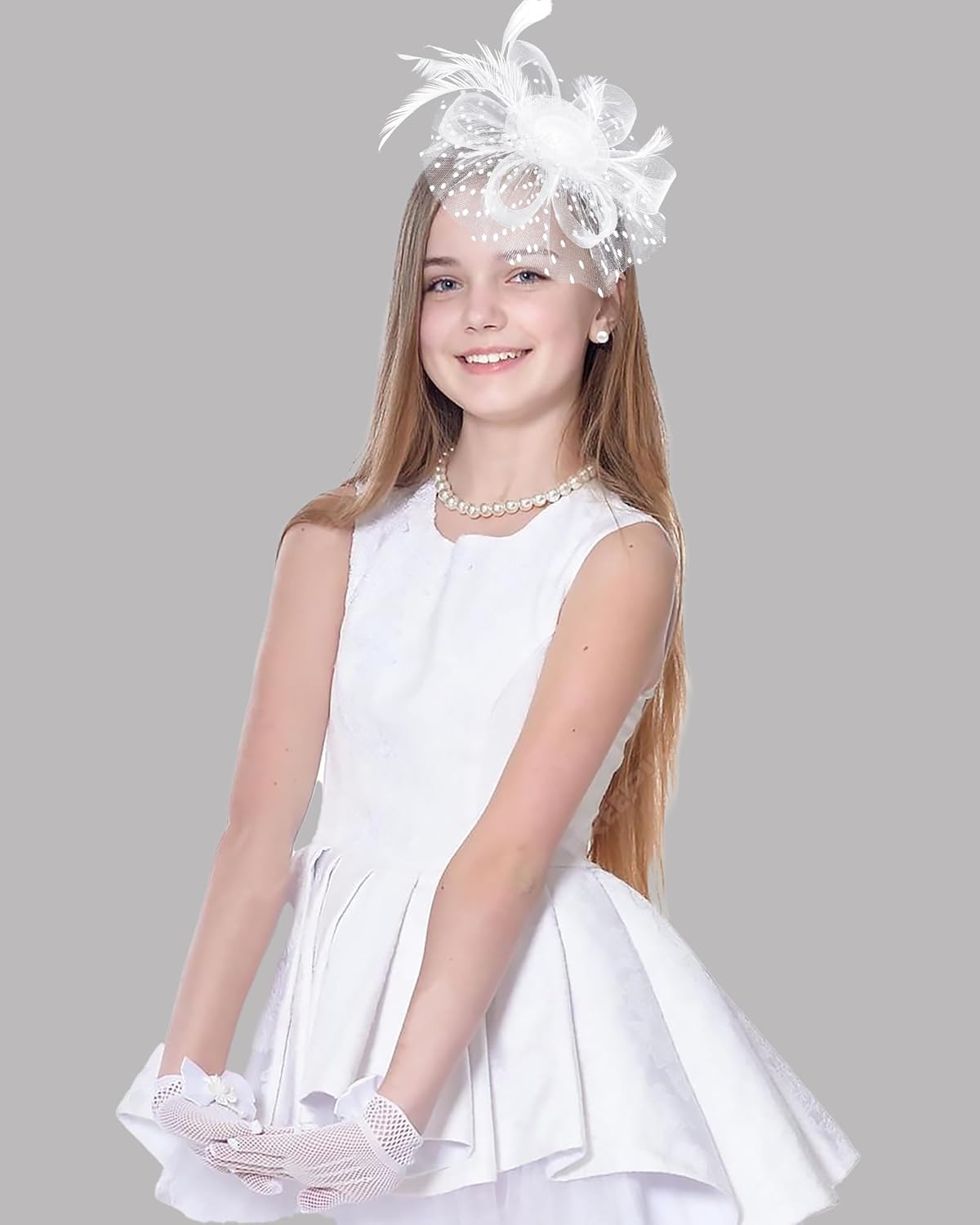 Girls Tea Party Fascinators Hats with Lace Gloves and Pearls